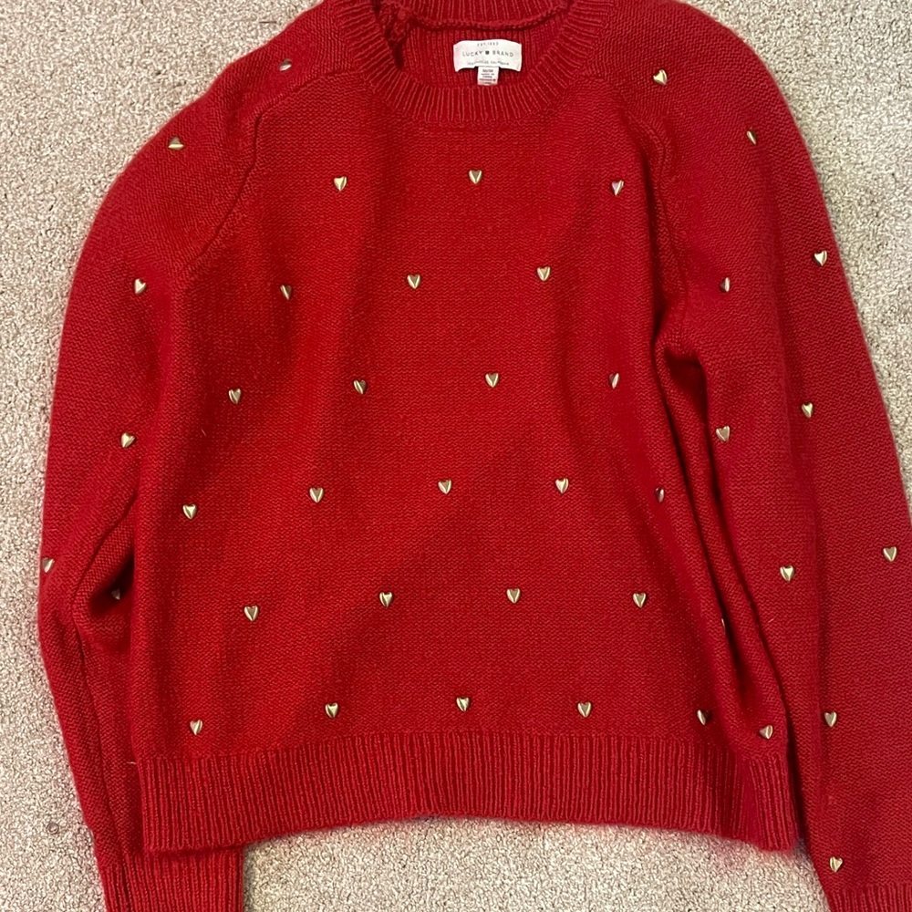 Lucky Brand Red Crewneck Sweater with Gold Heart Studs